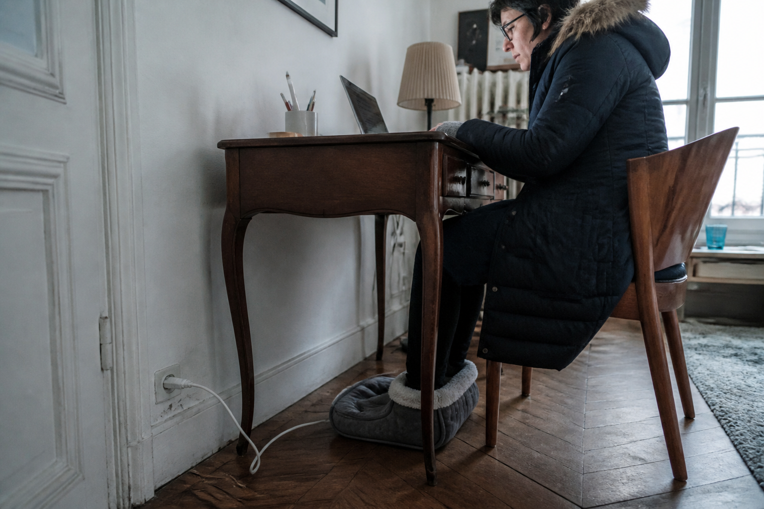 Personne travaillant en manteau avec les pieds dans un chauffe-pieds électrique