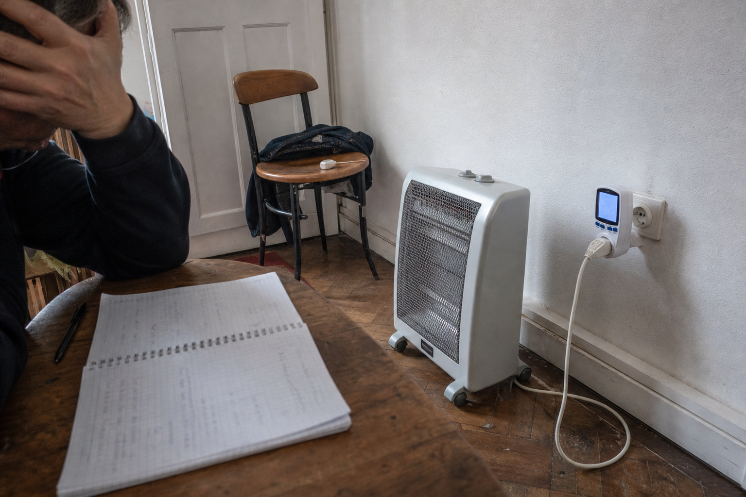 Wattmètre branché entre une prise murale et un chauffage électrique mobile