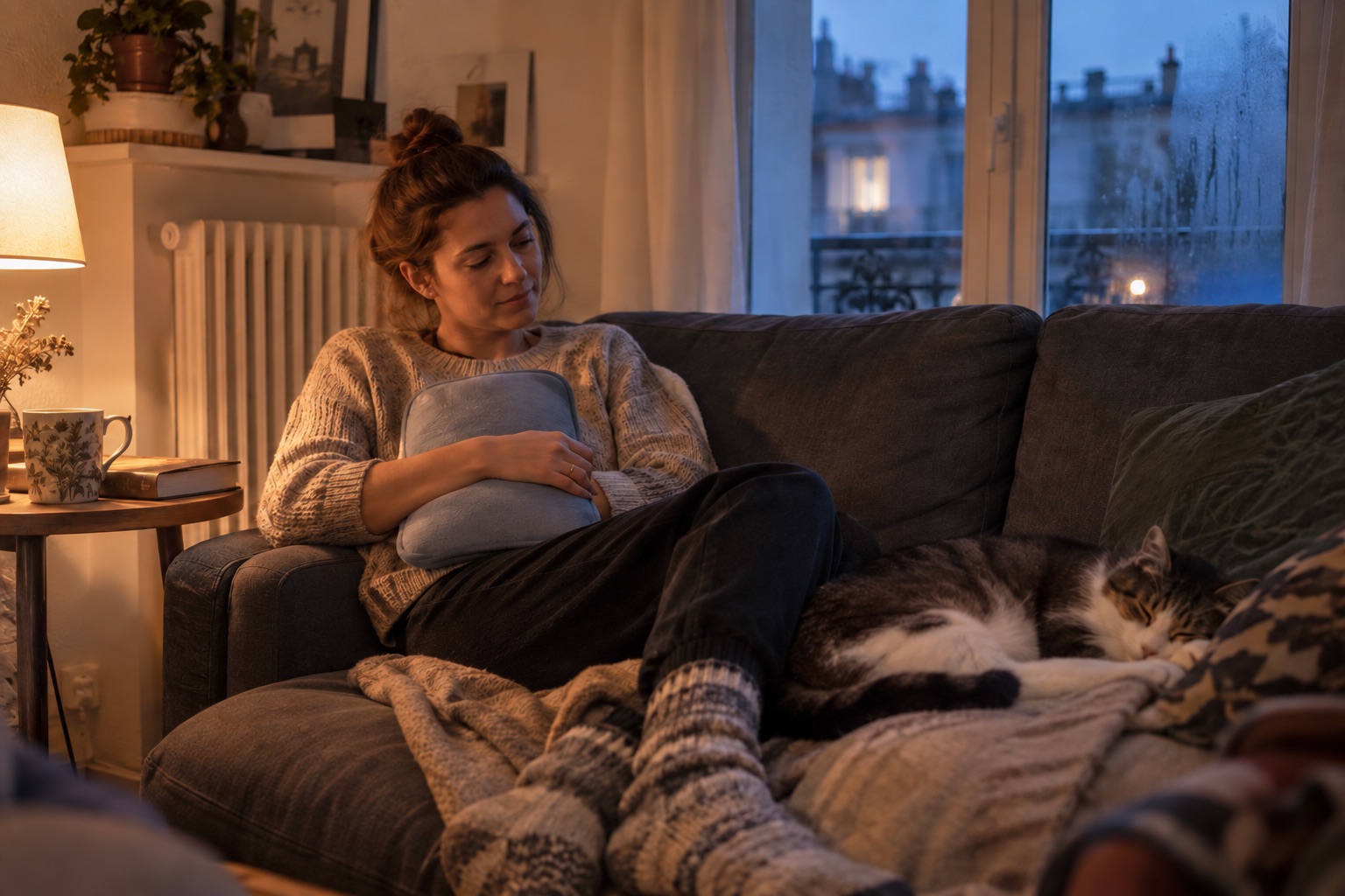 Bouillotte électrique sur un canapé pendant une soirée froide